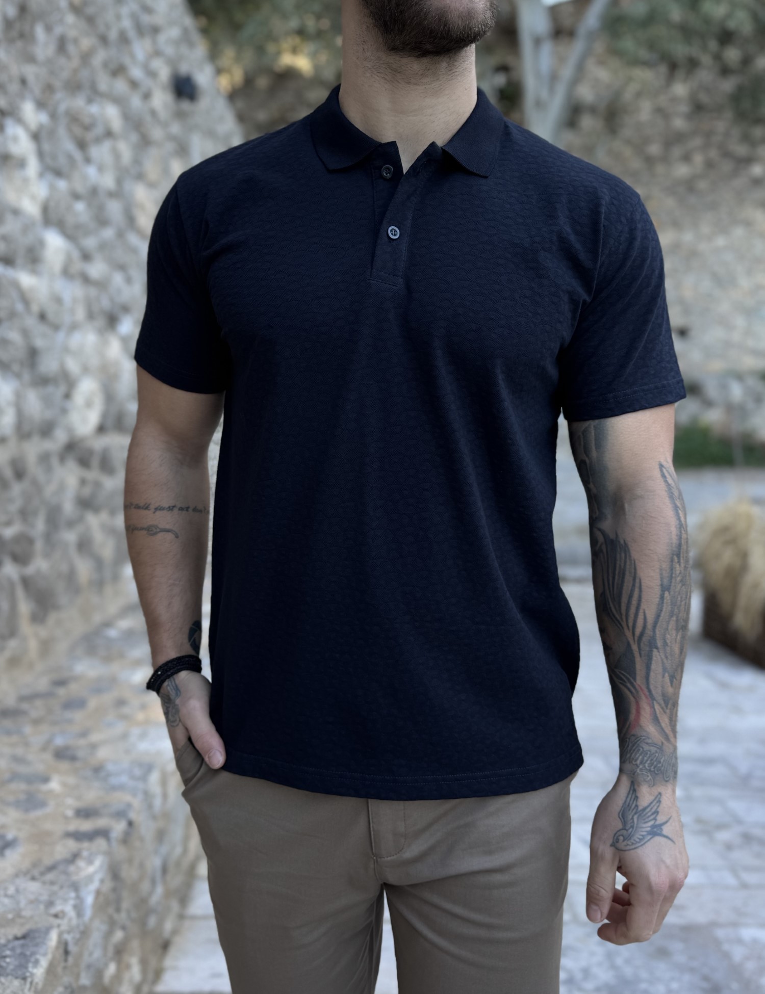 Ανδρική μπλε Polo κοντομάνικη μπλούζα με ανάγλυφο ύφασμα 252838